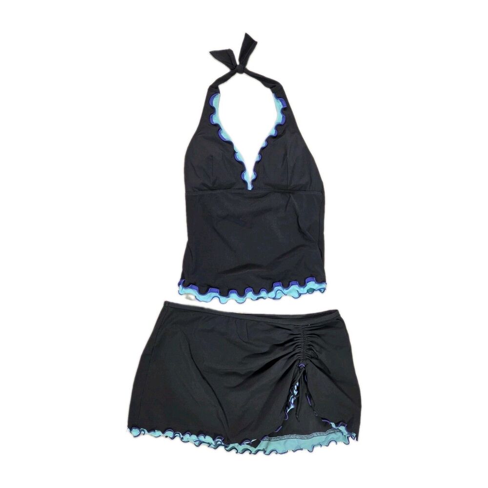 Y2K Profile Black Tankini Swim Set Ruffle Trim Halter Skirted Bottom Sz 8&6 EUC